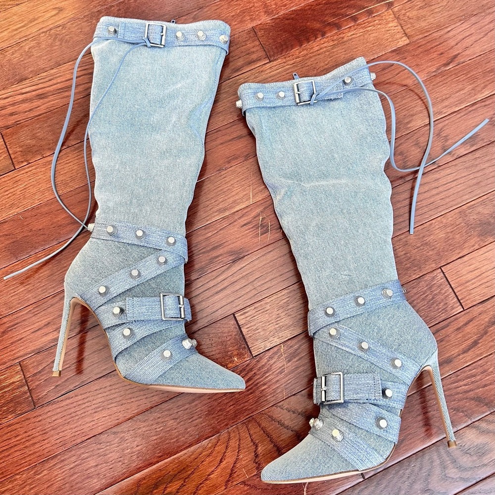NEW Steve Madden Fink Light Denim Studded Y2K Below the Knee Heeled Boots 6.5 - Picture 7 of 11